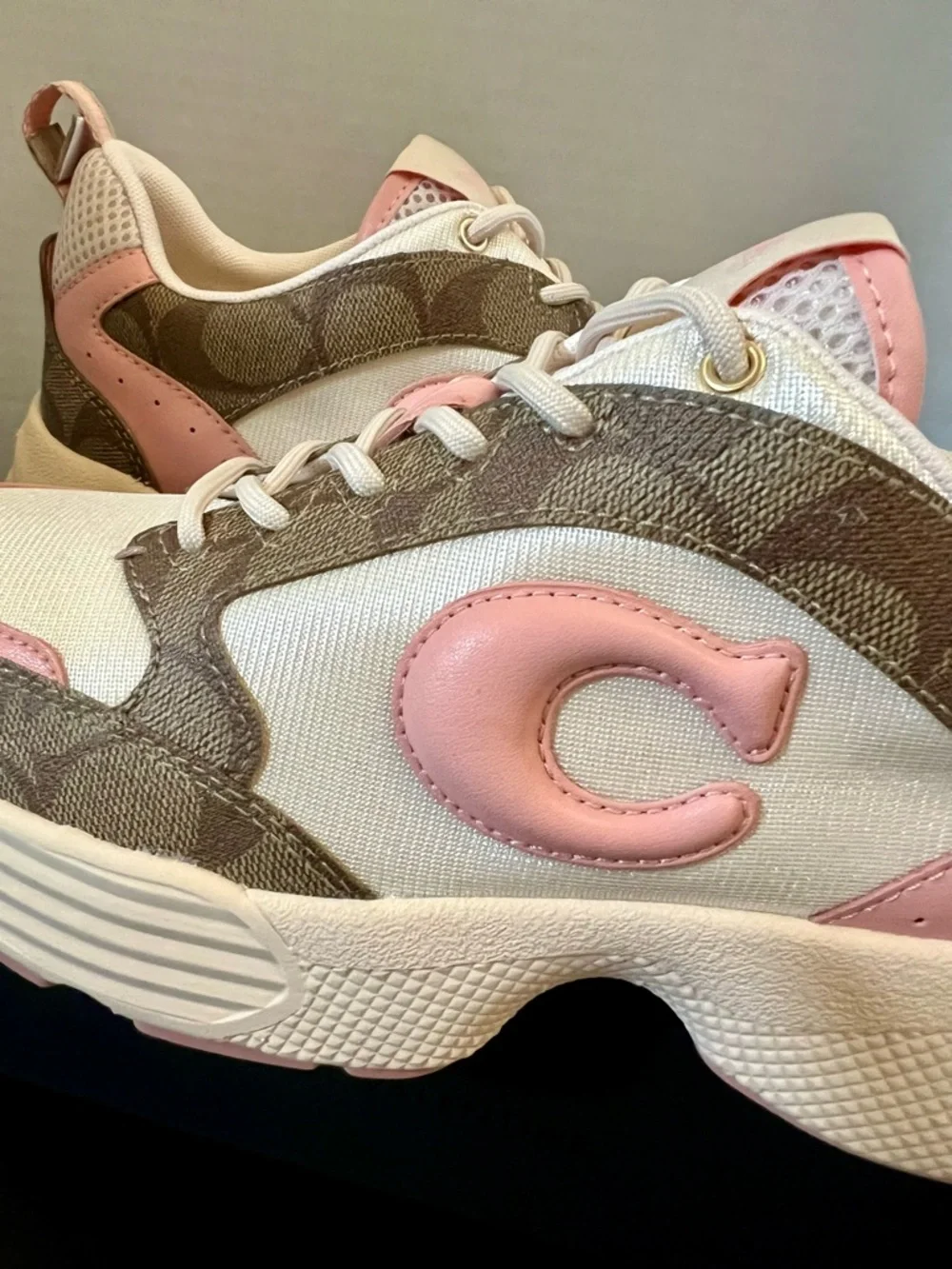 Coach White, Brown & Pink Signature Platform Sneakers - Picture 3 of 11